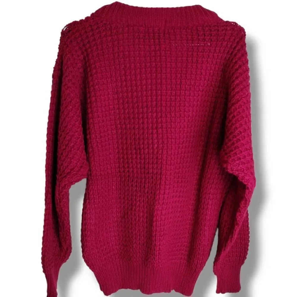 Silver Unicorn Vintage Magenta Pink Waffle Knit V-Neck Sweater Womens Medium NWT - Picture 2 of 8